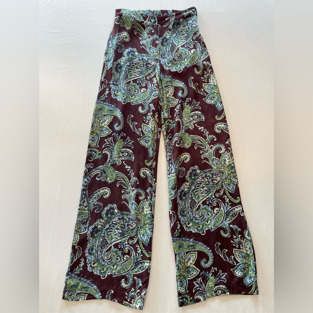 Sisley Burgundy and Green Paisley Wide-Leg Pants size 2 - Picture 5 of 7